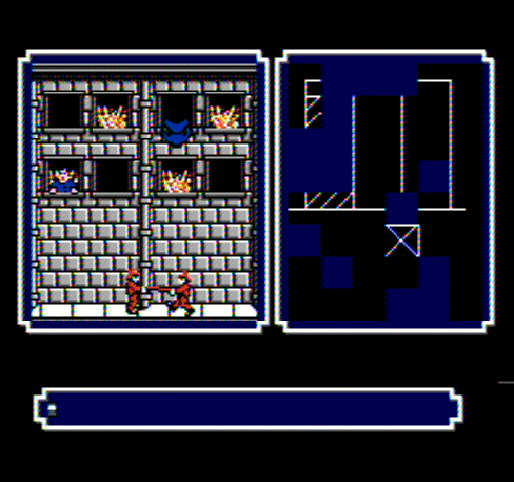 The screen is split into two playfields. The left is a minigame where firemen must save falling men with a bouncy stretcher. The right is an incomplete drawing comprising of three tall rectangles (one shaded), with a crude arrow pointing to the one on the right. I didn't get this one right, I'm certain.