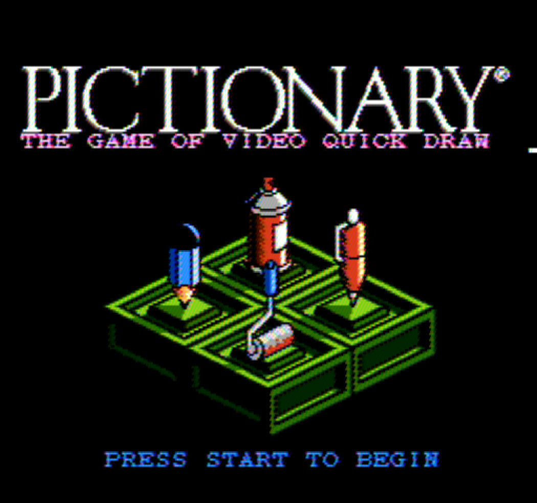 Title screen for Pictionary, subtitled "The Game of Video Quick Draw". On an isometric 2x2 grid of green squares, a spray can, a pen, a pencil, and a paint roller are seen. Below is text saying "Press Start to Begin" in blue.