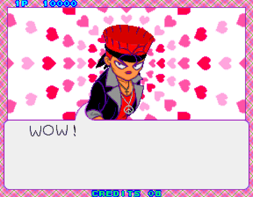 A male delinquent with a red flat-top hair style, a black jacket, a black bandana and two necklaces. He has hearts emanating from him in the background. He is saying "WOW!"